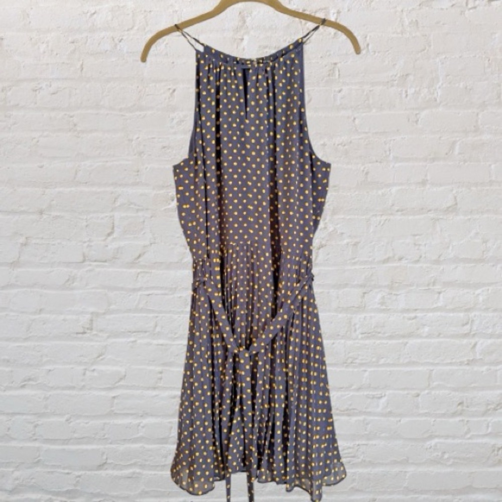 Ann Taylor Backless BLUE NAVY and Yellow POLKA DOT HALTER Dress 12 Classic cute